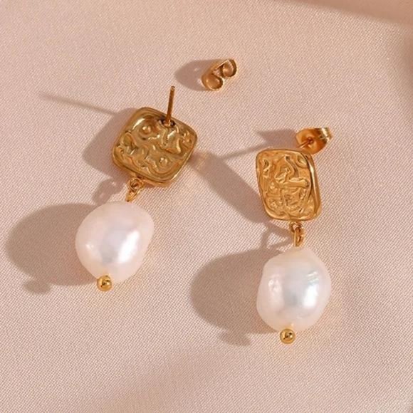 Gold Square Stud Fresh Water Pearl Drop Earrings, NICE EARRINGS, CUTE EARRINGS - Picture 2 of 7
